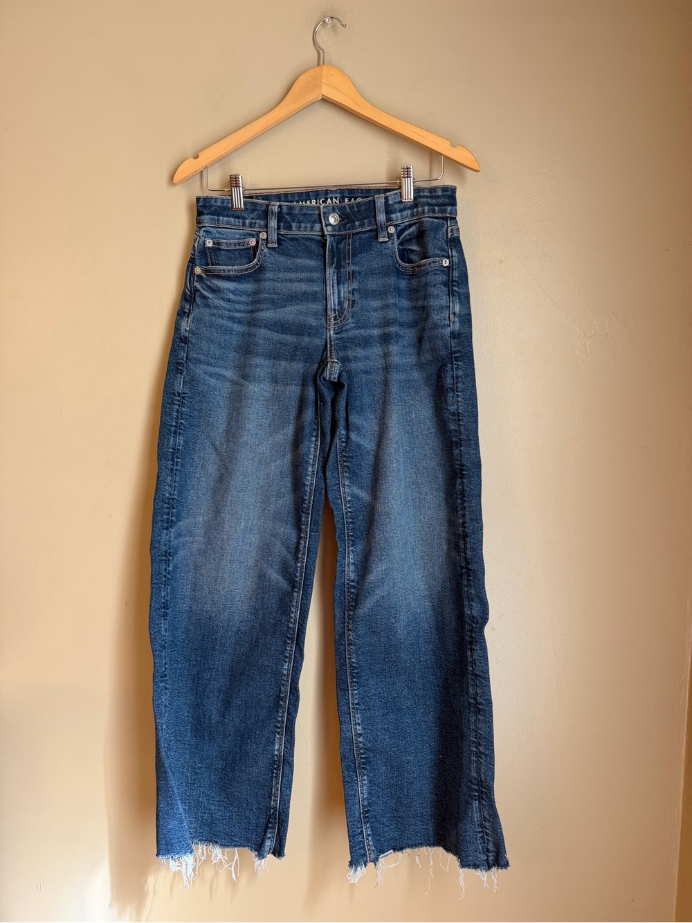 American Eagle Low Rise Baggy Wide Leg Jeans Women's 2 Short Blue Raw Hem